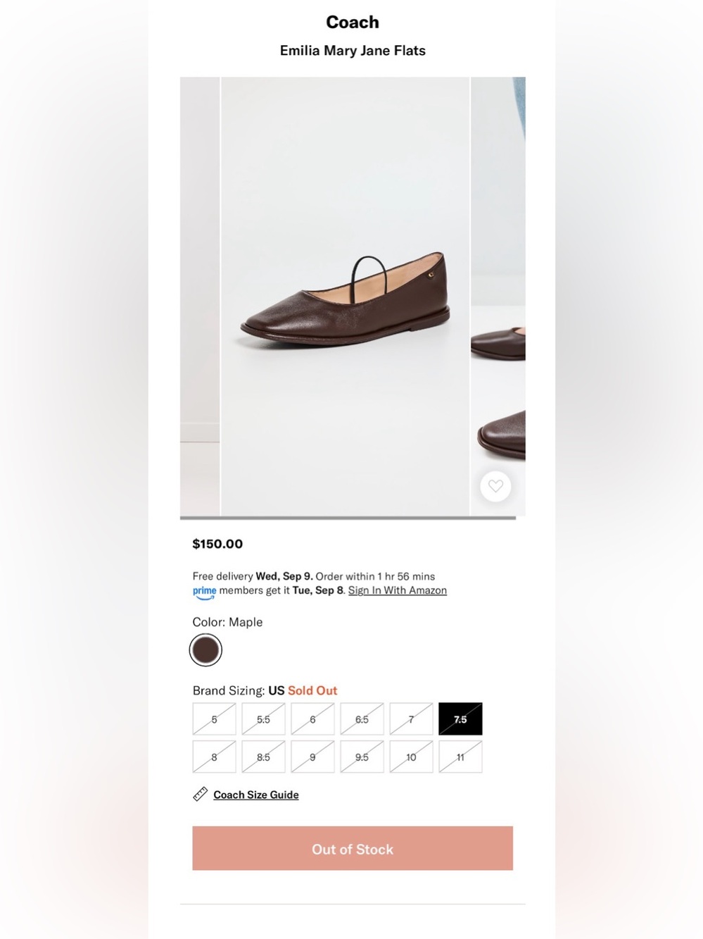 Coach ✨ $150 NIB Women's Emilia Mary Jane Leather Flats 🤎 Maple Brown ✨ Size 7.5 - Picture 10 of 12